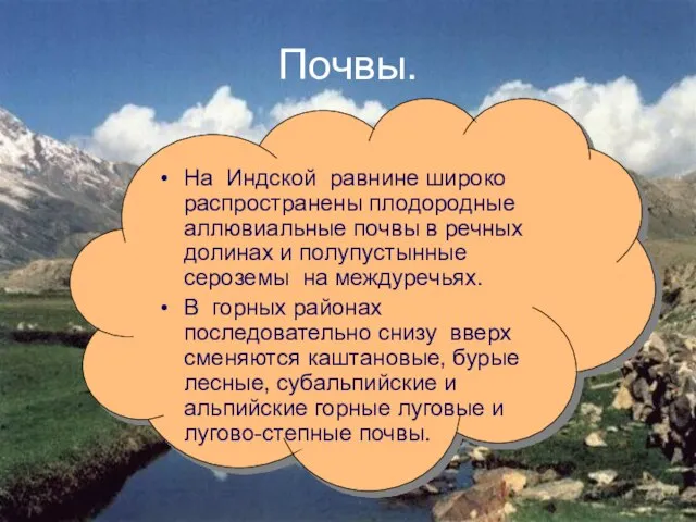 Почвы. На Индской равнине широко распространены плодородные аллювиальные почвы в речных долинах