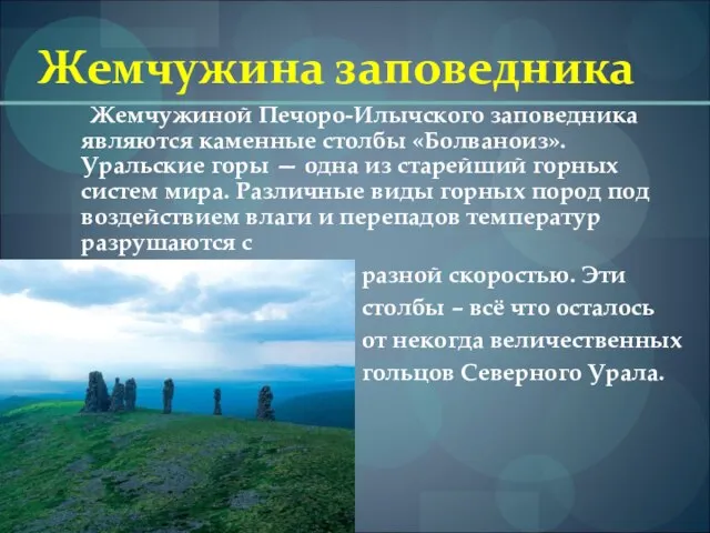Жемчужина заповедника Жемчужиной Печоро-Илычского заповедника являются каменные столбы «Болваноиз». Уральские горы —