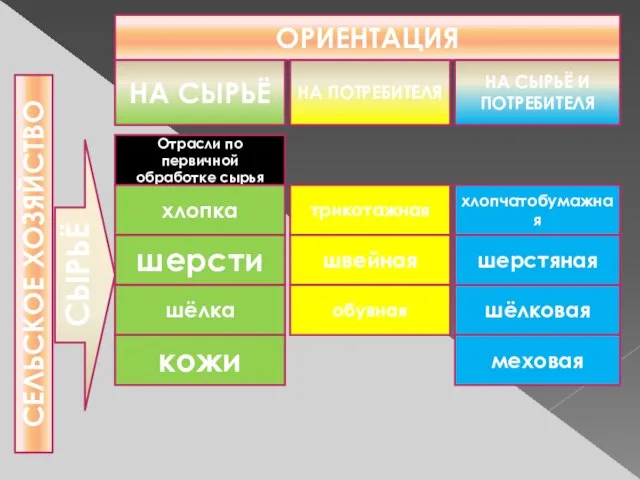 ОРИЕНТАЦИЯ СЕЛЬСКОЕ ХОЗЯЙСТВО СЫРЬЁ НА СЫРЬЁ НА ПОТРЕБИТЕЛЯ НА СЫРЬЁ И ПОТРЕБИТЕЛЯ