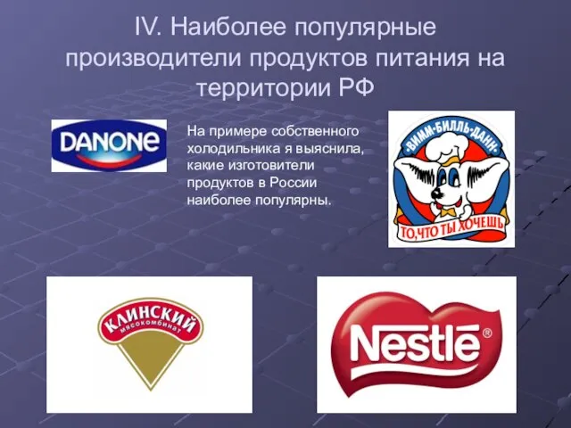 IV. Наиболее популярные производители продуктов питания на территории РФ На примере собственного