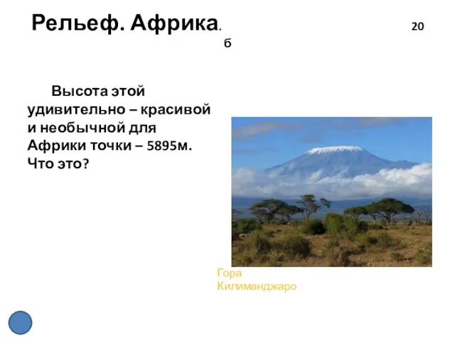 Рельеф. Африка. 20 б Высота этой удивительно – красивой и необычной для