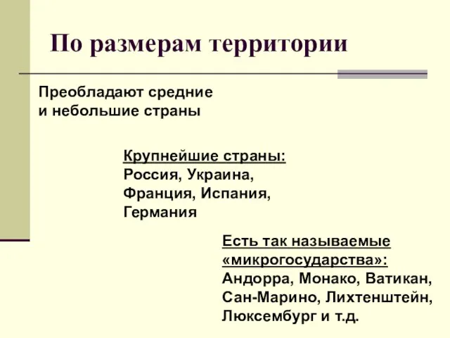 По размерам территории Крупнейшие страны: Россия, Украина, Франция, Испания, Германия Есть так