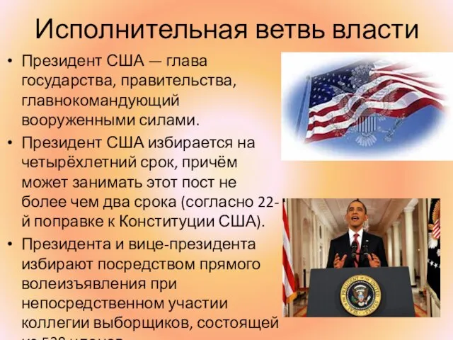 Исполнительная ветвь власти Президент США — глава государства, правительства, главнокомандующий вооруженными силами.