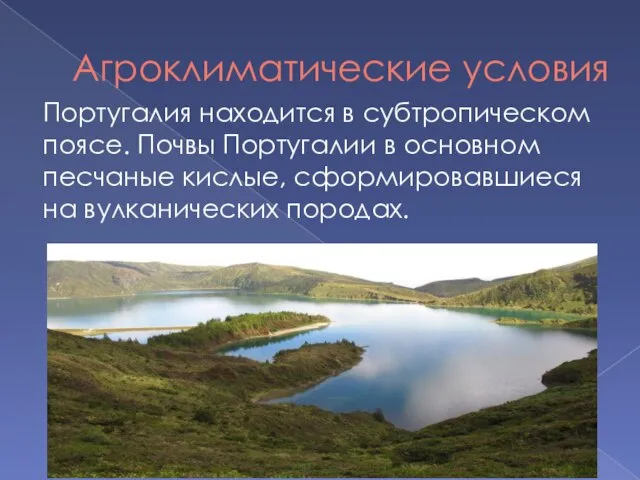 Агроклиматические условия Португалия находится в субтропическом поясе. Почвы Португалии в основном песчаные