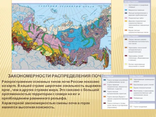 Закономерности распределения почв Распространение основных типов почв России показано на карте. В