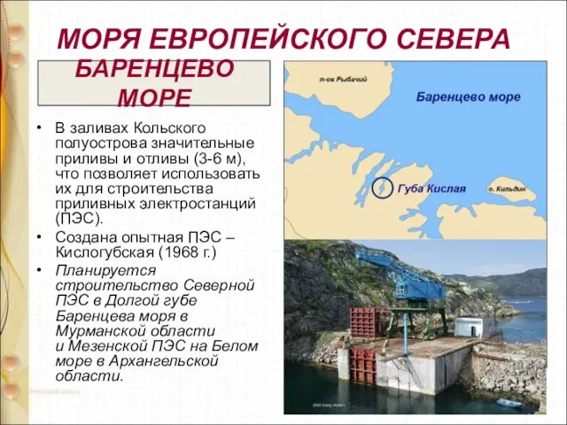 МОРЯ ЕВРОПЕЙСКОГО СЕВЕРА В заливах Кольского полуострова значительные приливы и отливы (3-6