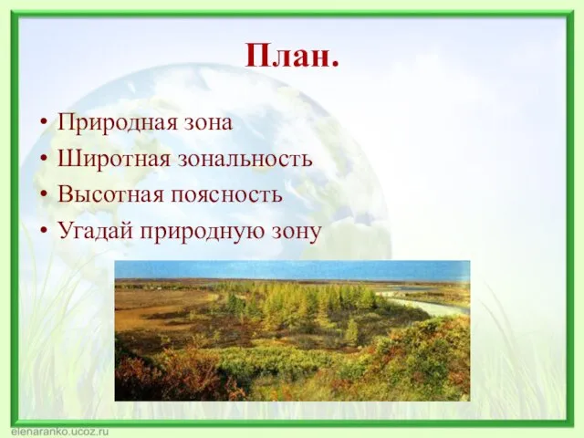 План. Природная зона Широтная зональность Высотная поясность Угадай природную зону