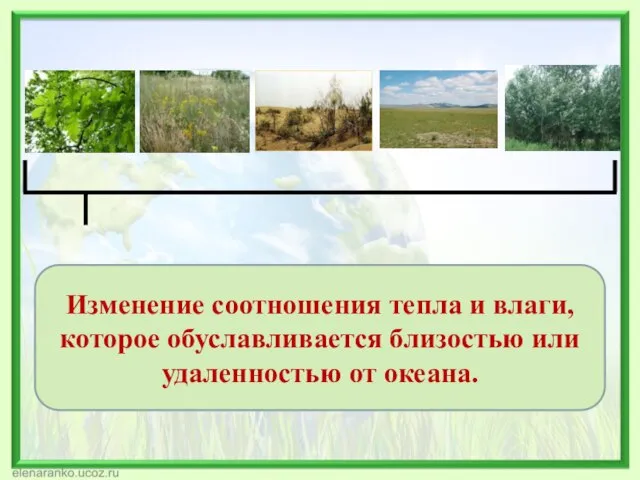 Изменение соотношения тепла и влаги, которое обуславливается близостью или удаленностью от океана.