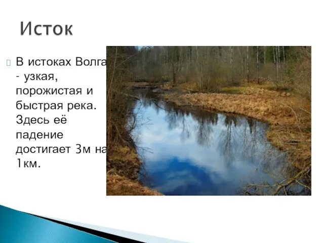 В истоках Волга - узкая, порожистая и быстрая река. Здесь её падение достигает 3м на 1км.