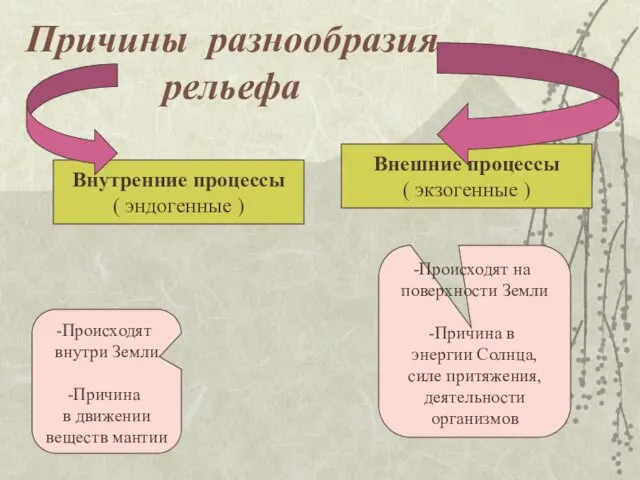 Причины разнообразия рельефа Внутренние процессы ( эндогенные ) Внешние процессы ( экзогенные