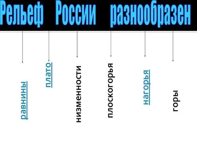 Рельеф России разнообразен равнины плато низменности плоскогорья нагорья горы