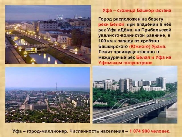 Уфа – столица Башкортастана Город расположен на берегу реки Белой, при впадении