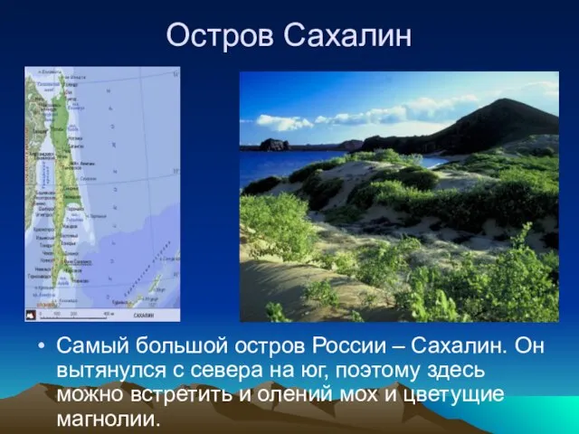 Остров Сахалин Самый большой остров России – Сахалин. Он вытянулся с севера