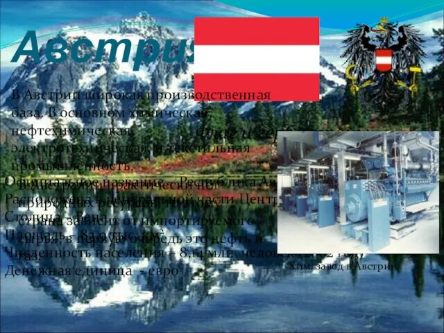Австрия Флаг и герб страны Официальное название – Республика Австрия Расположена в