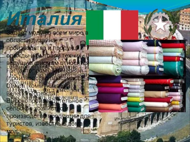 Италия Флаг и герб страны Официальное название - Итальянская Республика Государство в