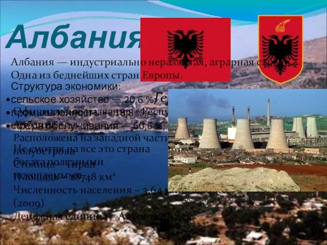 Албания Герб и флаг Албании Официальное название – Республика Албания Расположена на