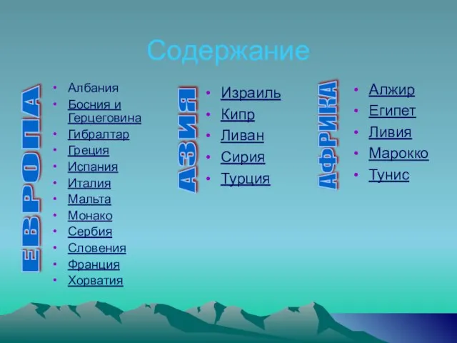 Содержание Албания Босния и Герцеговина Гибралтар Греция Испания Италия Мальта Монако Сербия