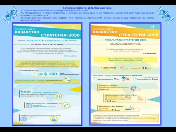 8.Стратегия Казахстан-2030. Основные итоги В Стратегии «Казахстан-2030» мы запланировали успех нашей страны.