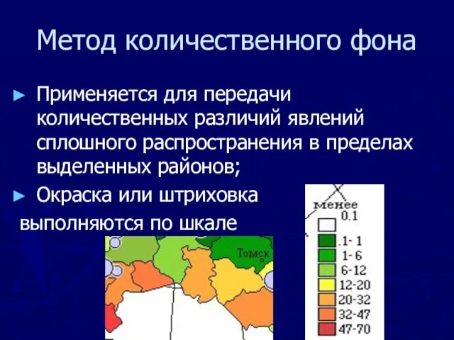 Метод количественного фона Применяется для передачи количественных различий явлений сплошного распространения в