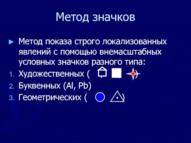 Метод значков Метод показа строго локализованных явлений с помощью внемасштабных условных значков