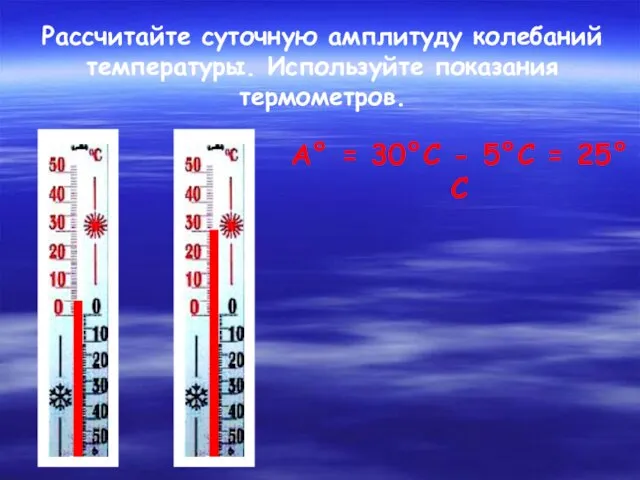 Рассчитайте суточную амплитуду колебаний температуры. Используйте показания термометров. А° = 30°С - 5°С = 25°С