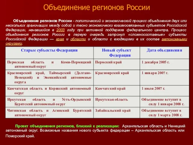 Объединение регионов России Объединение регионов России - политический и экономический процесс объединения