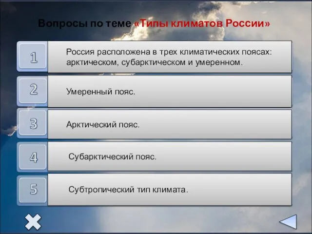 Россия расположена в трех климатических поясах: арктическом, субарктическом и умеренном. Умеренный пояс.