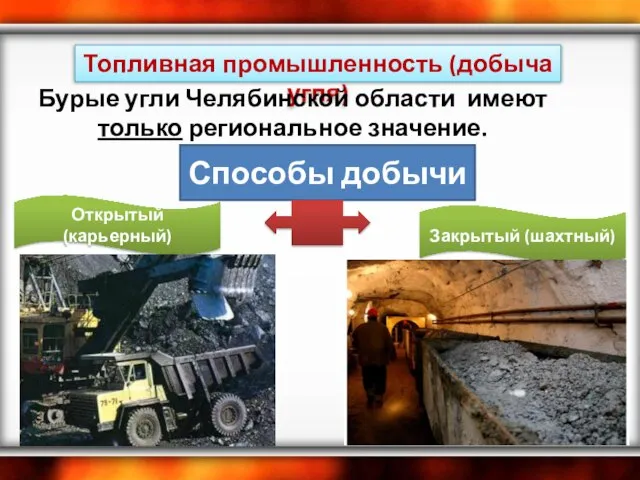 Топливная промышленность (добыча угля) Бурые угли Челябинской области имеют только региональное значение.