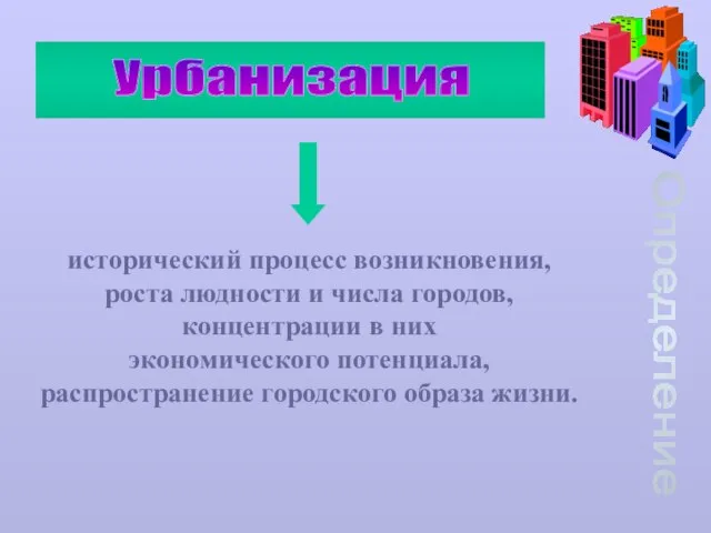 Определение Урбанизация исторический процесс возникновения, роста людности и числа городов, концентрации в