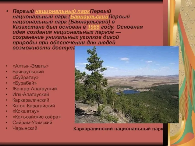 Первый национальный паркПервый национальный парк (БаянаульскийПервый национальный парк (Баянаульский) в Казахстане был