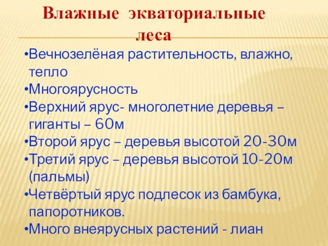 Вечнозелёная растительность, влажно, тепло Многоярусность Верхний ярус- многолетние деревья –гиганты – 60м