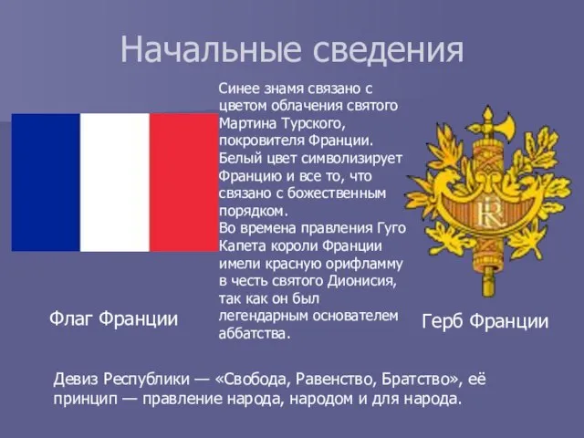 Начальные сведения Флаг Франции Герб Франции Девиз Республики — «Свобода, Равенство, Братство»,