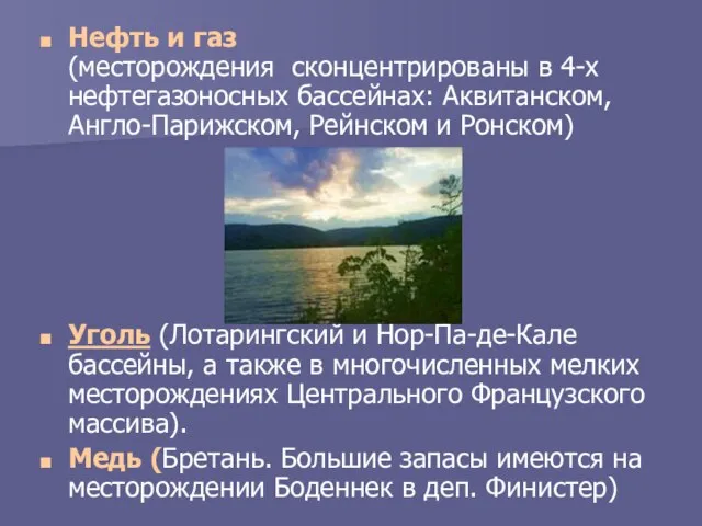 Нефть и газ (месторождения сконцентрированы в 4-х нефтегазоносных бассейнах: Аквитанском, Англо-Парижском, Рейнском