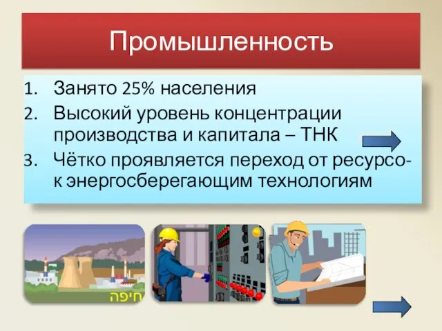 Промышленность Занято 25% населения Высокий уровень концентрации производства и капитала – ТНК