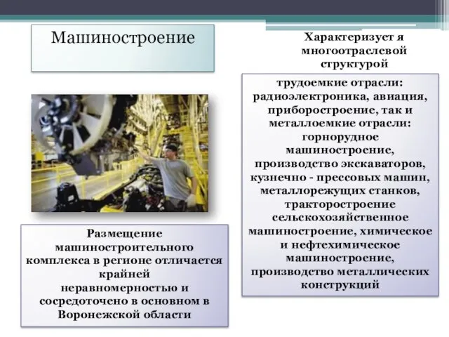 Машиностроение Характеризует я многоотраслевой структурой трудоемкие отрасли: радиоэлектроника, авиация, приборостроение, так и