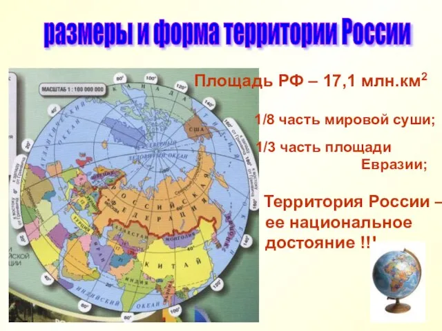 размеры и форма территории России Площадь РФ – 17,1 млн.км2 1/8 часть