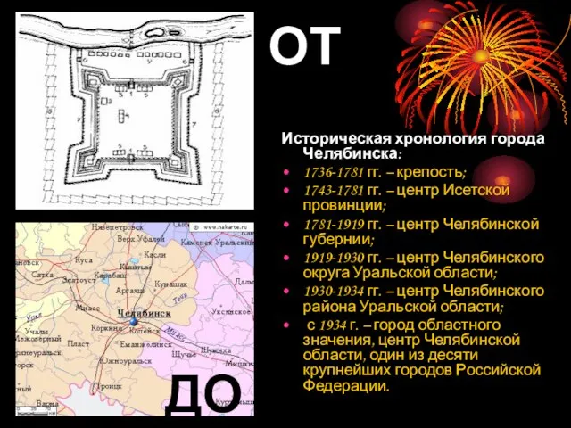 Историческая хронология города Челябинска: 1736-1781 гг. – крепость; 1743-1781 гг. – центр