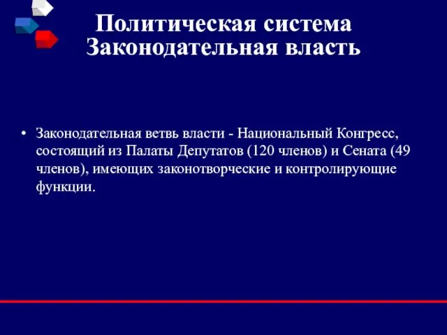 Политическая система Законодательная власть Законодательная ветвь власти - Национальный Конгресс, состоящий из