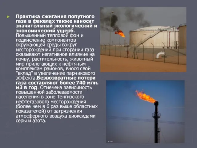 Практика сжигания попутного газа в факелах также наносит значительный экологический и экономический
