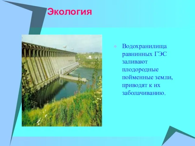 Экология Водохранилища равнинных ГЭС заливают плодородные пойменные земли, приводят к их заболачиванию.