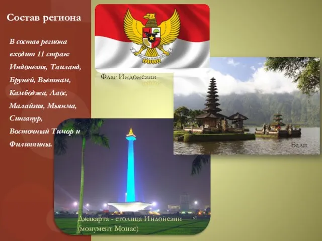 В состав региона входит 11 стран: Индонезия, Таиланд, Бруней, Вьетнам, Камбоджа, Лаос,