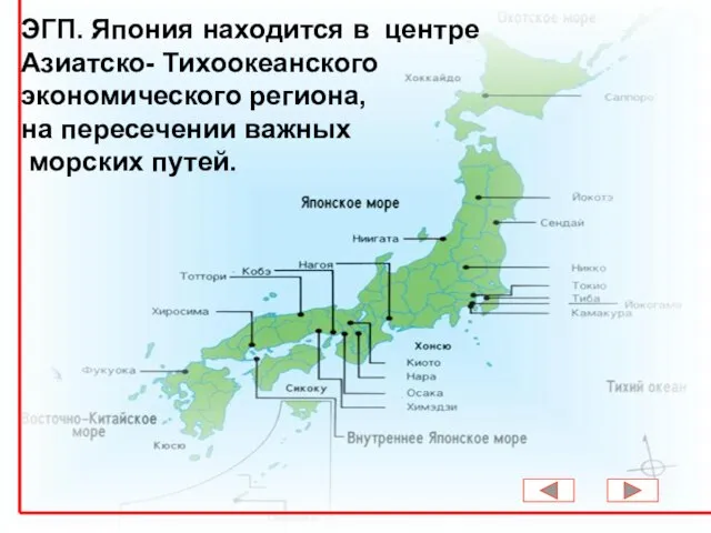 . ЭГП. Япония находится в центре Азиатско- Тихоокеанского экономического региона, на пересечении важных морских путей.