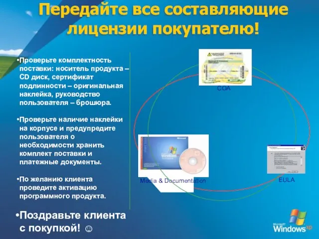 Проверьте комплектность поставки: носитель продукта – CD диск, сертификат подлинности – оригинальная