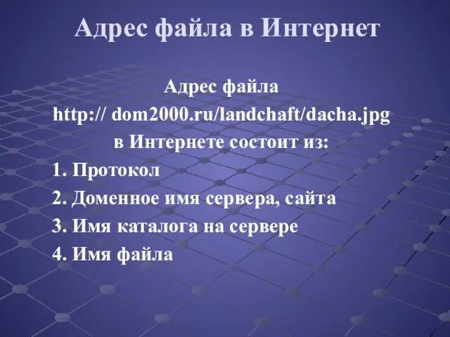 Адрес файла в Интернет Адрес файла http:// dom2000.ru/landchaft/dacha.jpg в Интернете состоит из: