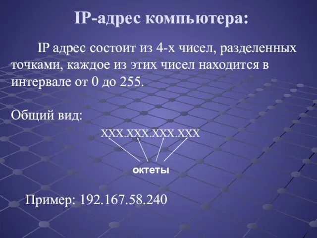 IP-адрес компьютера: IP адрес состоит из 4-х чисел, разделенных точками, каждое из