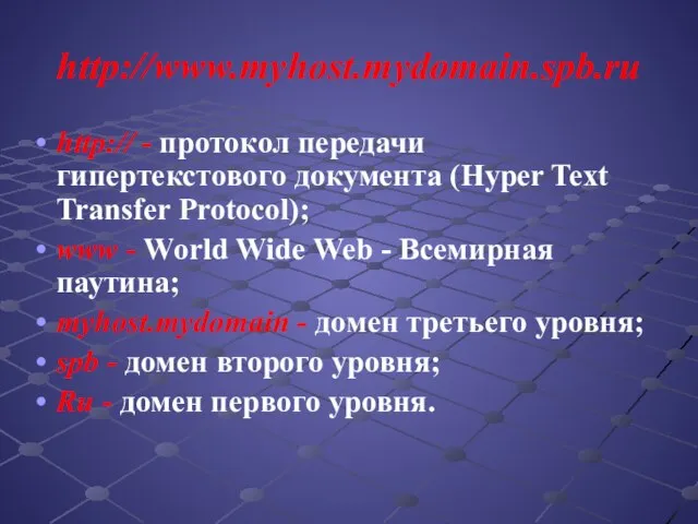 http://www.myhost.mydomain.spb.ru http:// - протокол передачи гипертекстового документа (Hyper Text Transfer Protocol); www