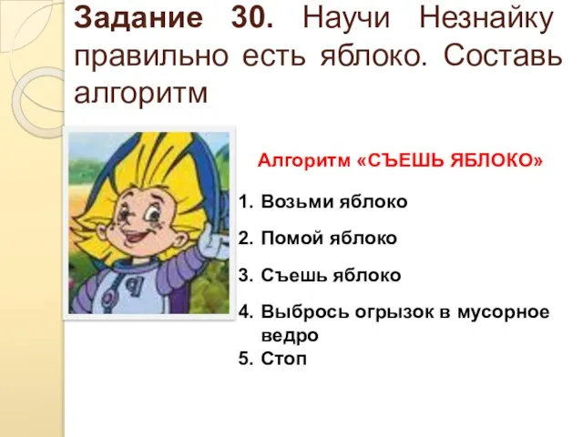 Задание 30. Научи Незнайку правильно есть яблоко. Составь алгоритм Алгоритм «СЪЕШЬ ЯБЛОКО»