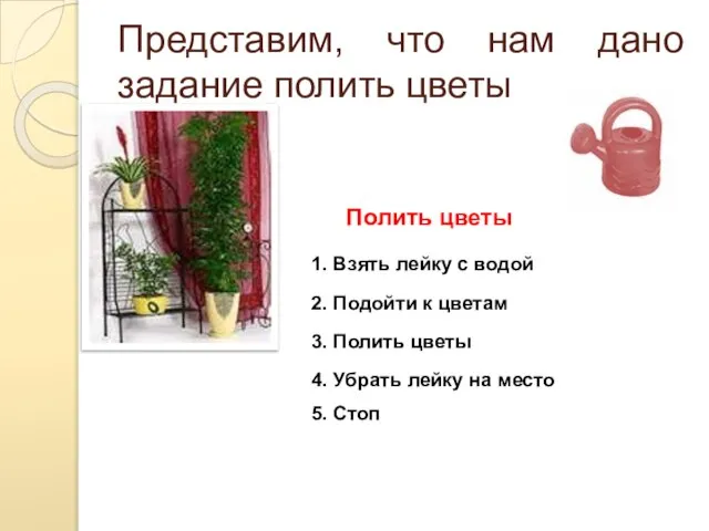 Представим, что нам дано задание полить цветы Полить цветы 1. Взять лейку