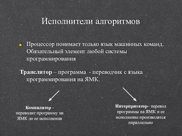 Исполнители алгоритмов Процессор понимает только язык машинных команд. Обязательный элемент любой системы