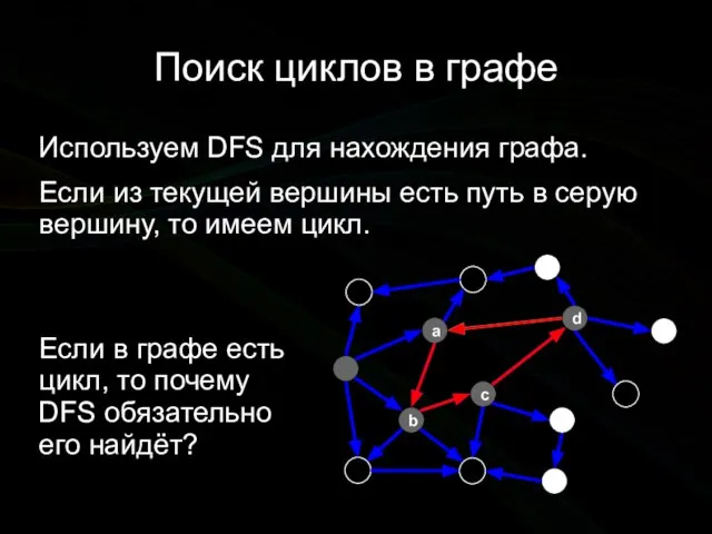 Поиск циклов в графе Используем DFS для нахождения графа. Если из текущей